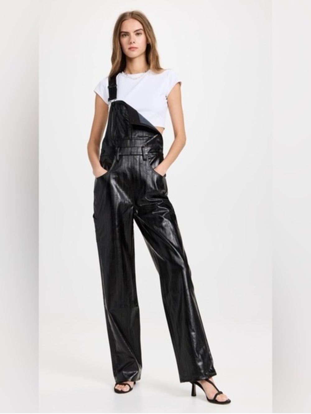 Good American NWT Faux Leather One-Shoulder Overalls